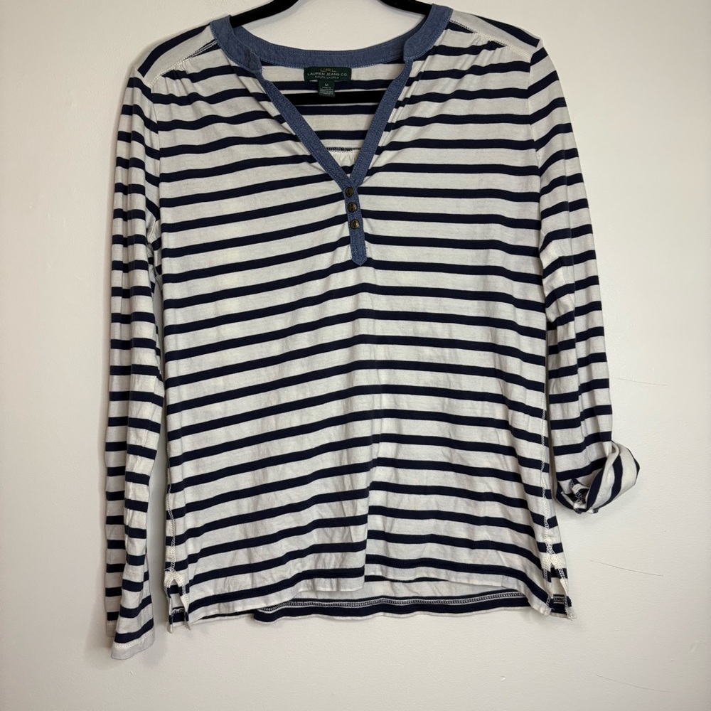 Lauren Jeans Co.‎ by Ralph Lauren Navy Striped Henley Top Size M